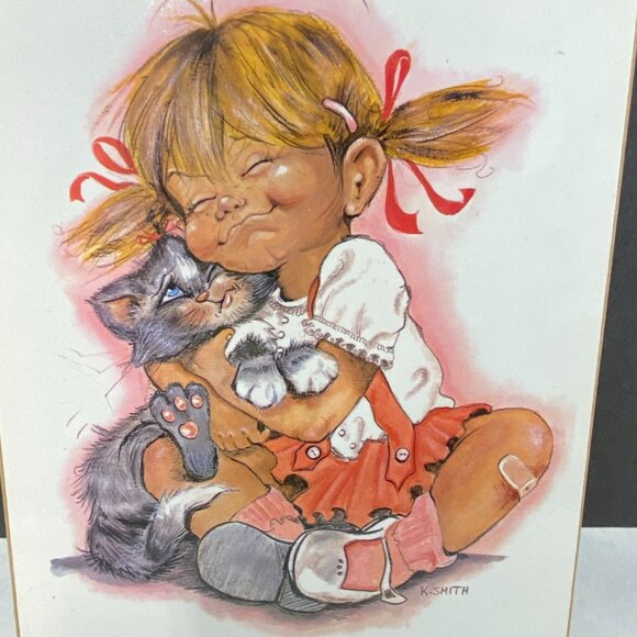 Vintage 70s K Smith Girl Squeezing Cat Wall Decor - Picture 2 of 8